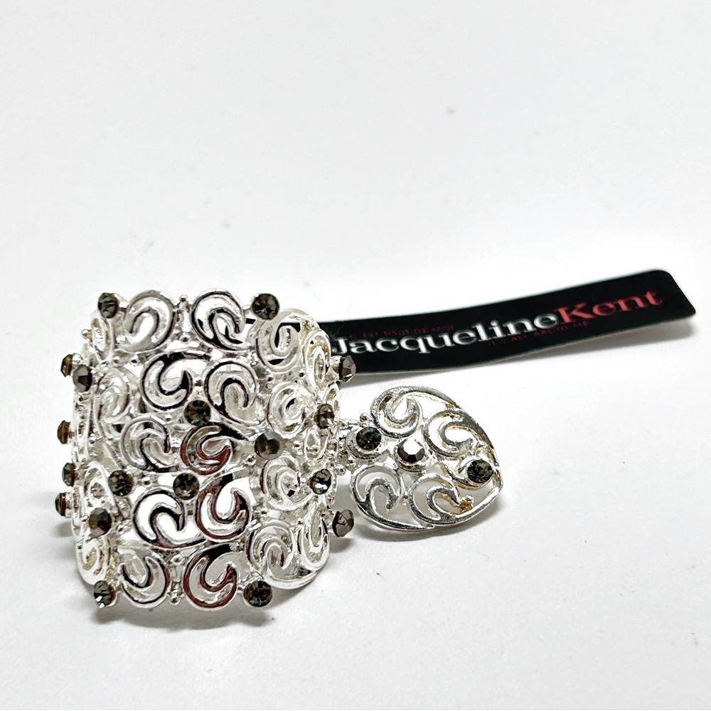 Jacqueline Kent, Silver And Black Crystal, Ring With Heart Charm, Sz. 14, NWT